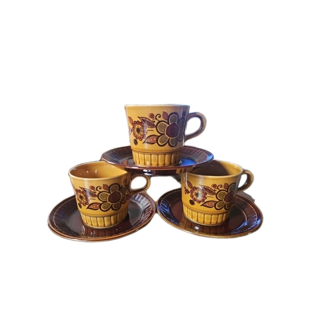 Royal Worcester Floral Coffee Set - Brown and Yellow Set Of 6
